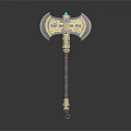 Sculpted Axe Carving With Metal Head Blue Gemstones And Golden Decorations On Handle