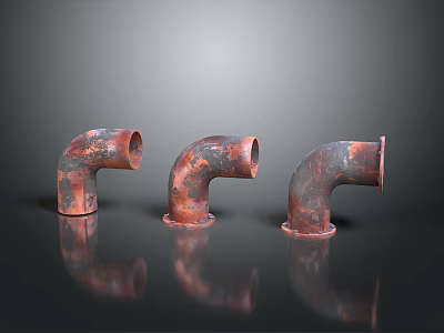 Three Rusted Metal Pipe Elbows with Reflection on Black Surface Industrial Plumbing Components 3d model