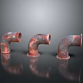 Three Rusted Metal Pipe Elbows with Reflection on Black Surface Industrial Plumbing Components