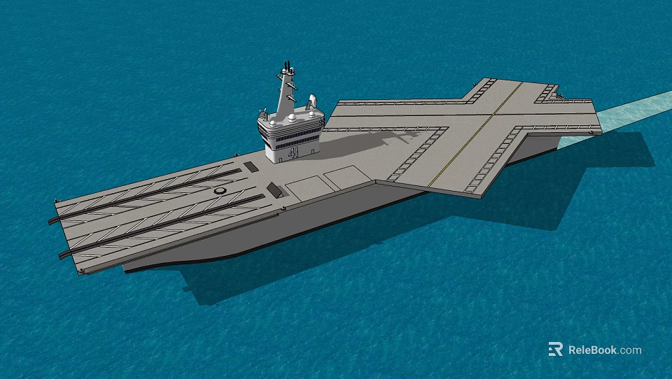 Aircraft Carrier Sailing on Blue Ocean With Long Flight Deck and Command Tower 3d model 