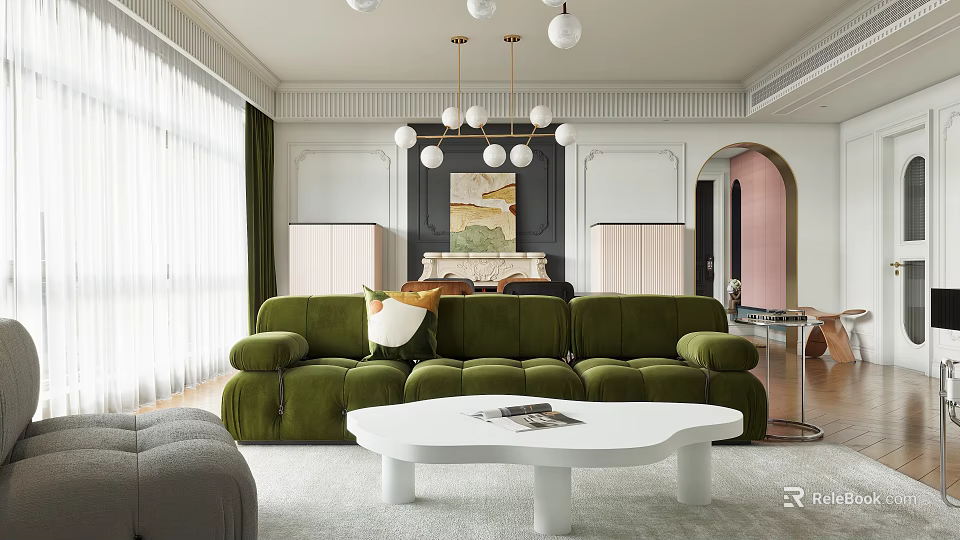 Modern Living and Dining Room Interior With Green Sofa White Coffee Table And Chandelier 3d model 