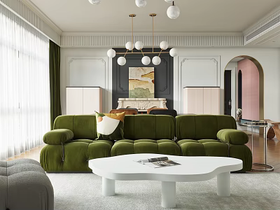 Modern Living and Dining Room Interior With Green Sofa White Coffee Table And Chandelier 3d model