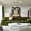 Modern Living and Dining Room Interior With Green Sofa White Coffee Table And Chandelier