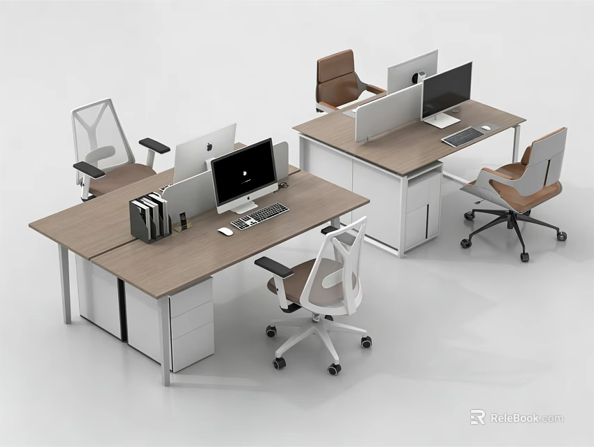 Modern Office Desks Featuring Wooden Desktop White Drawer Cabinets Computer Monitors And Office Chairs 3d model 