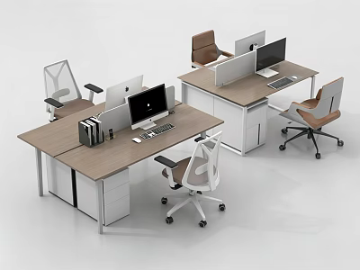 Modern Office Desks Featuring Wooden Desktop White Drawer Cabinets Computer Monitors And Office Chairs 3d model