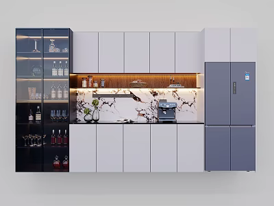 Modern Wine Cabinet Design In Kitchen With Glass Display And Marble Counter 3d model