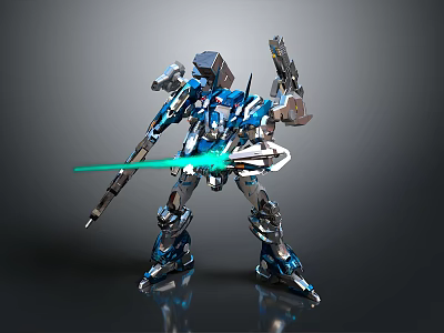Smart Robot with Blue Silver Armor and Glowing Green Energy Weapon as Futuristic Mech Warrior 3d model
