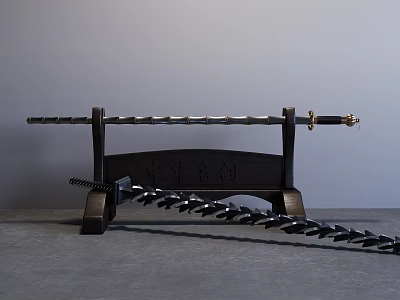 Traditional Samurai Sword And Chain Whip Weapon Display With Wooden Stand And Ornate Handle 3d model