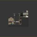 Cartoon Town Scene With Multi Story Buildings Shops Street And Green Car