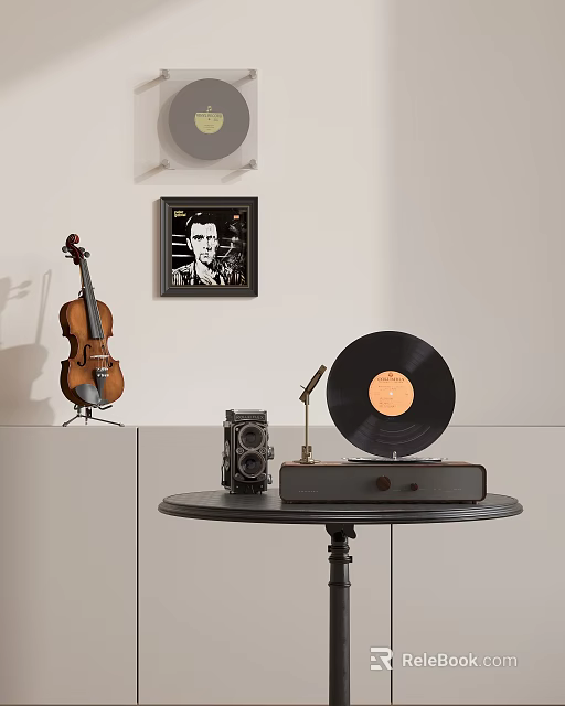 Vintage Decorative Ornament Set With Violin Vinyl Record Gramophone Camera And Framed 3d model 