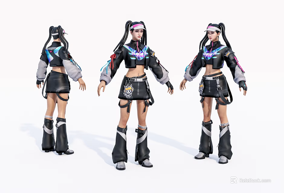 Game And Movie Character With Twin Pigtails Black Colorful Jacket Crop Top Skirt And Boots 3d model 