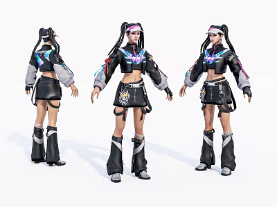 Game And Movie Character With Twin Pigtails Black Colorful Jacket Crop Top Skirt And Boots 3d model
