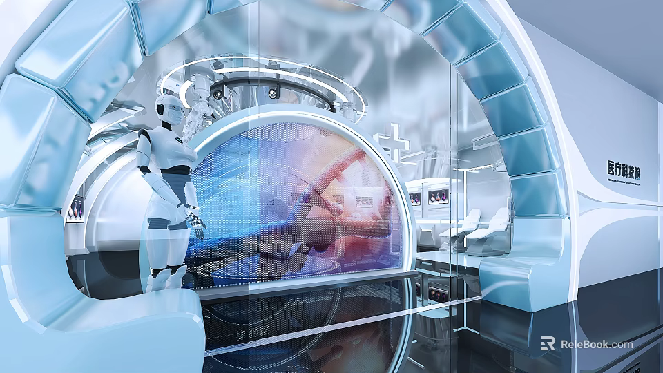 Futuristic Medical Research Laboratory With Robotic Assistant And Holographic Interface 3d model 