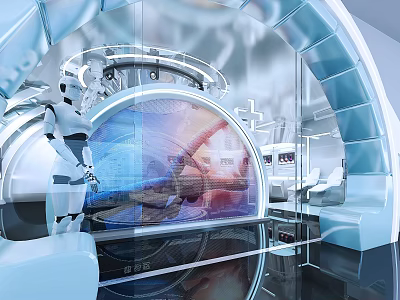 Futuristic Medical Research Laboratory With Robotic Assistant And Holographic Interface 3d model