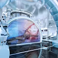 Futuristic Medical Research Laboratory With Robotic Assistant And Holographic Interface