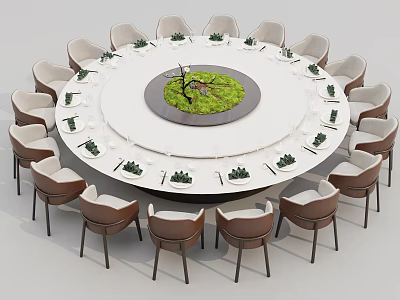 Elegant Round Dining Table Set With Chairs Green Centerpiece And Tableware 3d model