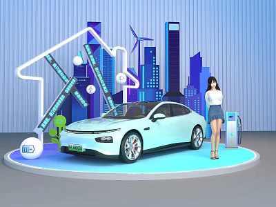 Modern Art Installation With White Car Woman Blue City Skyline Wind Turbine And Charging Station 3d model