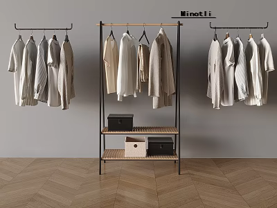 Multiple Clothes Racks With Light Colored Clothes Hanging Middle Rack Has Shelves And Storage Boxes 3d model