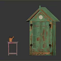 Garden Scene With Green Wooden Shed Pink Table And Orange Decor On Mossy Stone Ground