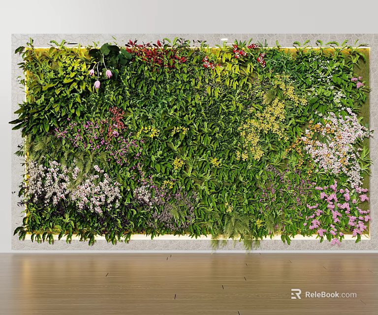 Beautiful Hanging Basket Plants Decorating Vertical Garden Wall With Various Green Plants And Colorful Flowers 3d model 