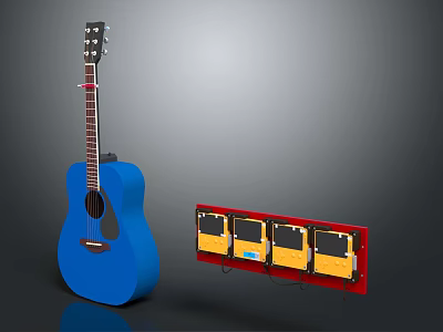 Studio Display of Blue Acoustic Guitar and Red Art Supply Case with Paint Boxes 3d model