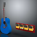 Studio Display of Blue Acoustic Guitar and Red Art Supply Case with Paint Boxes