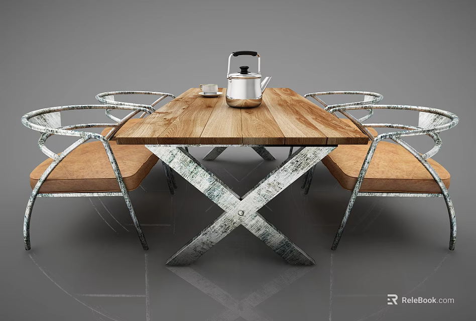 Dining Set with Wooden Tabletop Crossed Metal Legs Metal Chairs Brown Seats and Silver Teapot 3d model 
