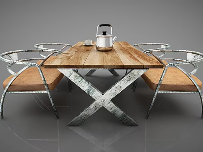 Dining Set with Wooden Tabletop Crossed Metal Legs Metal Chairs Brown Seats and Silver Teapot 3d model