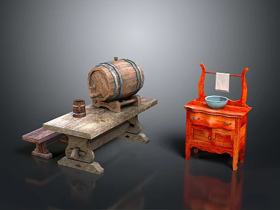 Vintage Furniture Featuring Stone Table Wooden Barrel Small Stool Red Cabinet With Blue Basin Shelf 3d model