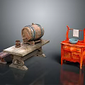 Vintage Furniture Featuring Stone Table Wooden Barrel Small Stool Red Cabinet With Blue Basin Shelf