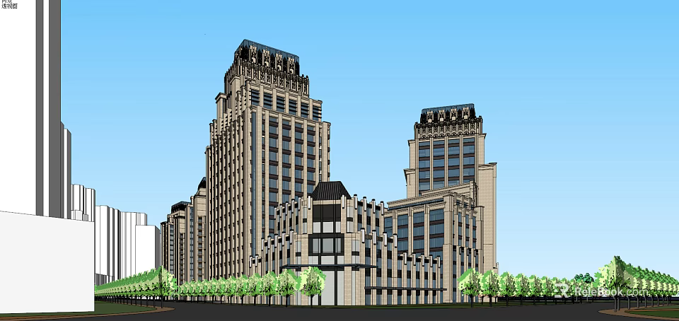 Classical Commercial Street Featuring High Rise Buildings Ornate Windows And Green Trees 3d model 