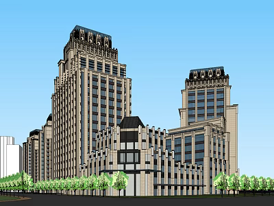 Classical Commercial Street Featuring High Rise Buildings Ornate Windows And Green Trees 3d model