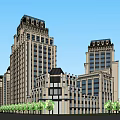 Classical Commercial Street Featuring High Rise Buildings Ornate Windows And Green Trees