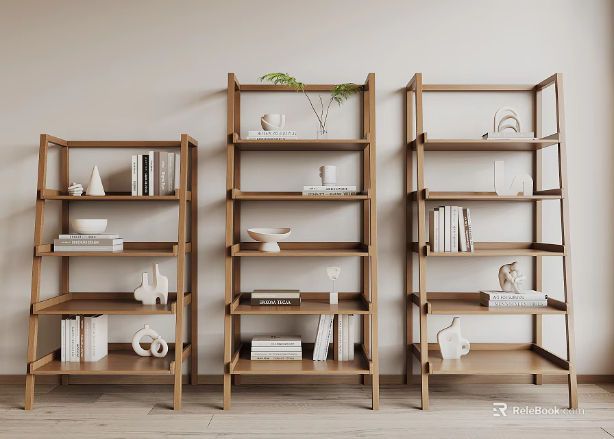 Minimalist Wooden Shelving Units Displaying Books Decorative Sculptures Bowls And Plant In Light Room 3d model 