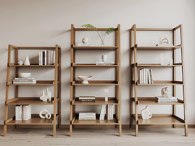 Minimalist Wooden Shelving Units Displaying Books Decorative Sculptures Bowls And Plant In Light Room 3d model