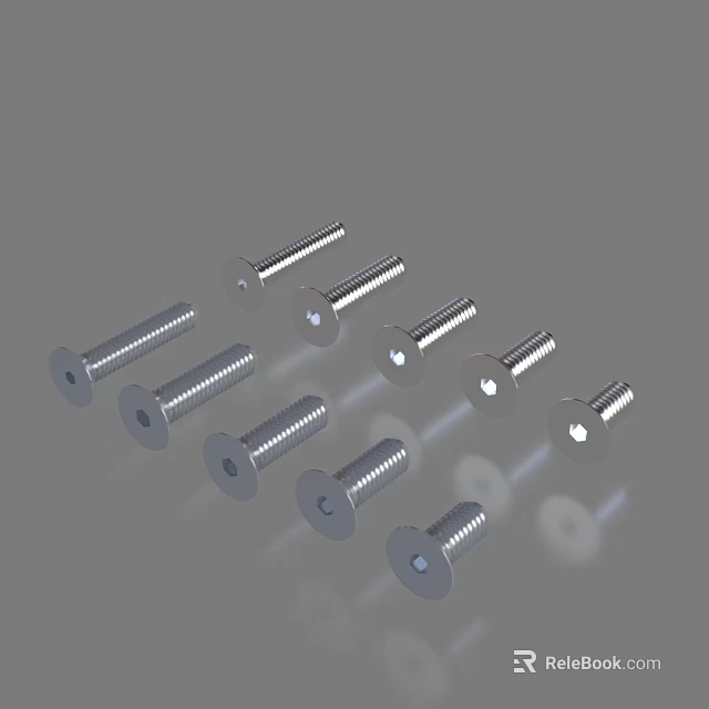 Shiny Metal Screws in Various Sizes with Flat Heads and Threaded Shanks 3d model 
