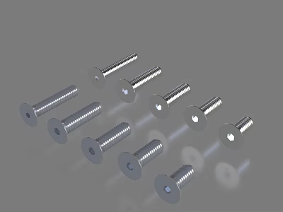 Shiny Metal Screws in Various Sizes with Flat Heads and Threaded Shanks 3d model