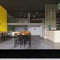 Bright Two Story Restaurant Interior With Yellow Green Walls Dining Tables And Bar Counter
