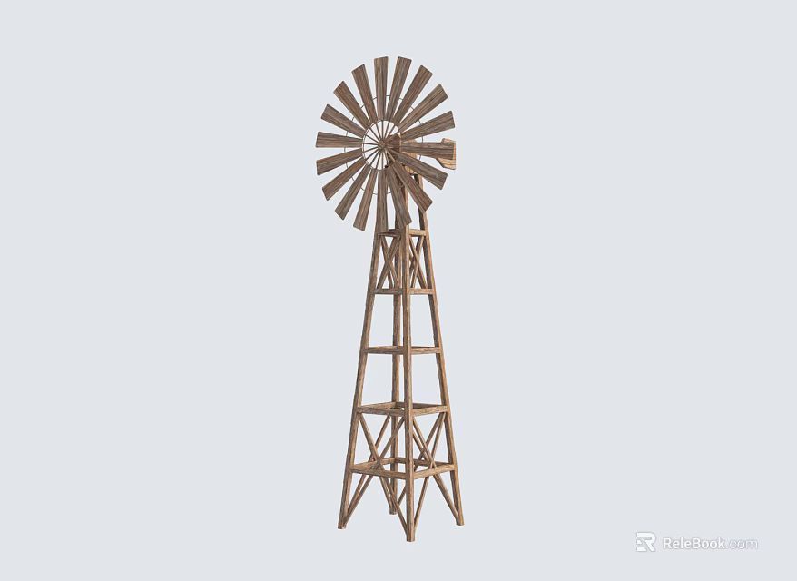 Traditional Wooden Windmill Architectural Component With Tall Tower And Spoked Blades 3d model 