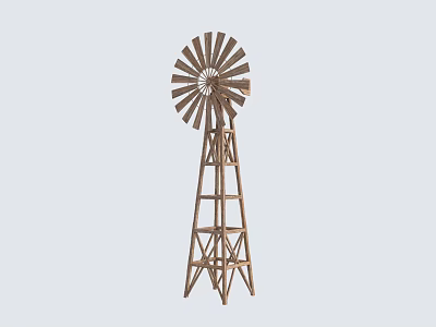 Traditional Wooden Windmill Architectural Component With Tall Tower And Spoked Blades 3d model