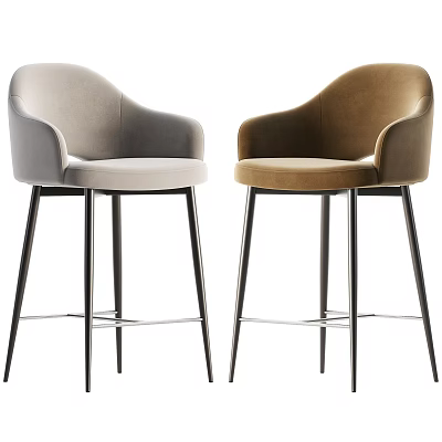 Modern Velvet Upholstered Bar Stools With Armrests And Black Metal Legs 3d model
