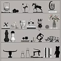 Decorative Ornament Set With Sculptures Vases Books Geometric Decor And Flower Arrangements On Display Shelves