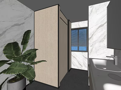 Public Toilet Interior With Wooden Partition Marble Walls Sink And Green Plant 3d model