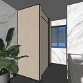 Public Toilet Interior With Wooden Partition Marble Walls Sink And Green Plant