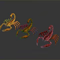 Three Vibrant Colored Reptile Scorpion Figures In 3D Rendered Design