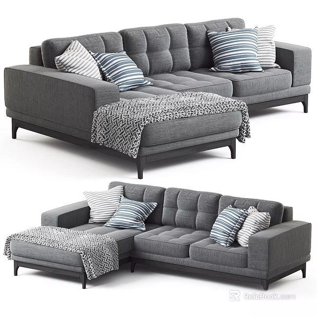 Gray Modern Two Seater Sofa with Striped Pillows Patterned Blanket and Wooden Legs 3d model 