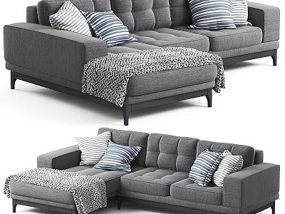 Gray Modern Two Seater Sofa with Striped Pillows Patterned Blanket and Wooden Legs 3d model