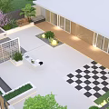 Modern Garden Landscape Design With Paved Patio Purple Tree Green Shrubs And Bar