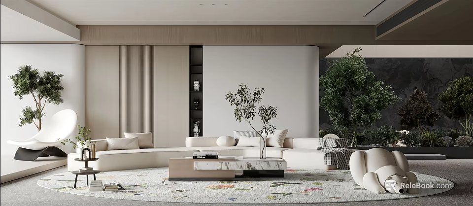 Modern Living Room Interior Design With Beige Sofa Marble Coffee Table And Green Plants 3d model 