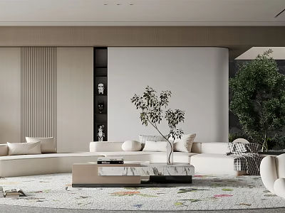 Modern Living Room Interior Design With Beige Sofa Marble Coffee Table And Green Plants 3d model